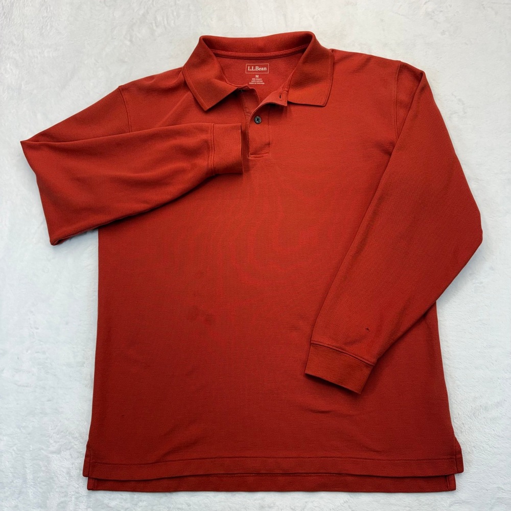 LL Bean Mens Long Sleeve Polo Shirt Medium Burnt Orange Cotton Pique VTG Y2K